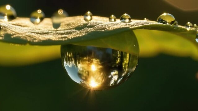 Slow motion close-up of a raindrop with reflection on a green leaf, macro texture.