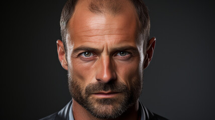 Fototapeta premium close up view of bald young male in a white t - shirt. man with bald beard and mustache. studio shot. isolated on grey background.generative ai