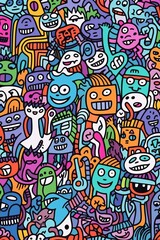 Illustration of colorful doodle crowd cute alien and monster Created with Generative AI technology.