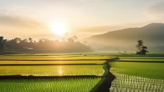 Rice field farm slow motion at sunset, Asian organic grain farming.