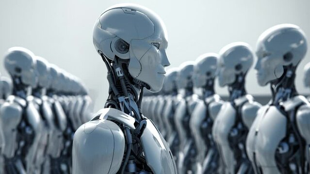 Slow motion of white cyborg robot close up, blurred group of robots background.