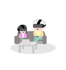 Grandma granddaughter enjoy videogames sit on couch at home.weekend activity with kids concept.aging society.elderly day.family relationships with modern technology.