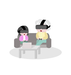 Grandma granddaughter enjoy videogames sit on couch at home.weekend activity with kids concept.aging society.elderly day.family relationships with modern technology.