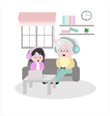 Grandma granddaughter enjoy videogames sit on couch at home.weekend activity with kids concept.aging society.elderly day.family relationships with modern technology.