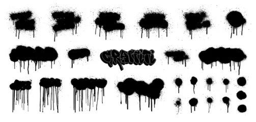  Spray graffiti vector texture. Dried paint with drips and splatters. Dirty artistic graphic box. Graffiti spray mockup for street art. Stencil urban texture, black paint spots with splatters. Vector © SergeyBitos