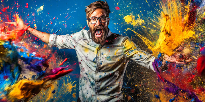Inspiring color-blind artist immersed in mixing vibrant paints, portrayed against an animated backdrop of colourful splashes. A vision of passion and determination. Generative AI