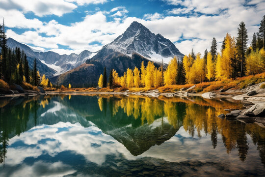 A serene mountain landscape with snow-capped peaks piercing through the clouds, a tranquil alpine lake reflecting the vibrant colors of the surrounding autumn foliage. High quality photo