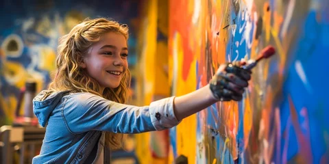 Poster Inspirational teenage girl with robotic prosthetic arm enthusiastically painting a vivid, colorful mural against a lively graffiti-style backdrop. Generative AI © XaMaps