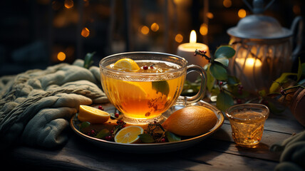 cup of tea with lemon and honey.generative ai - obrazy, fototapety, plakaty