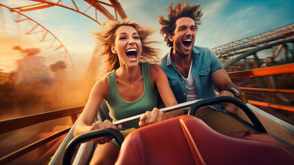 happy young couple enjoy roller coaster. Generative AI illustrator