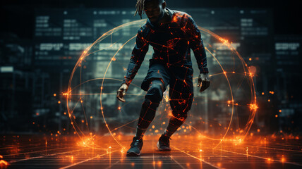 african american athlete running in neon light with glowing lights.generative ai