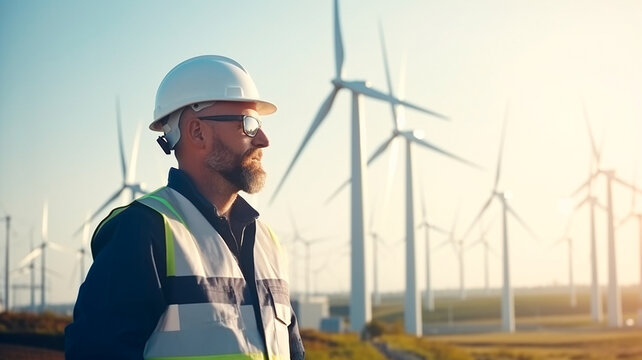 An engineer in a hard hat next to the wind turbine. Generative AI illustrator