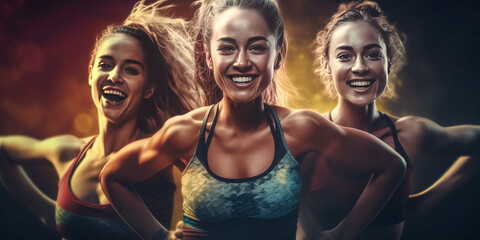 Obraz premium Three diverse, triumphant young women of differing fitness levels exude pride crossing the finish line against a backdrop of blurred motion. Generative AI
