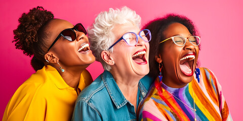 Inspirational trio of differently-abled women joyfully expressing their enthusiasm; promoting inclusivity against a vibrant rainbow backdrop. Generative AI