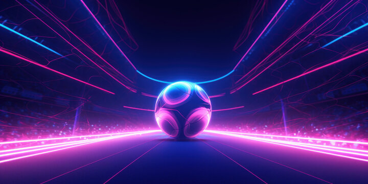 Futuristic soccer ball on colorful stadium background. Generative AI