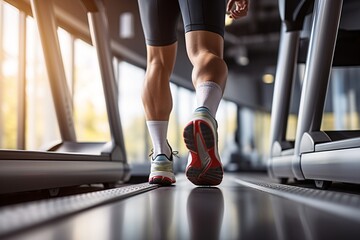Healthy Lifestyle Concept: Male Feet Jogging on Treadmill in Gym. AI