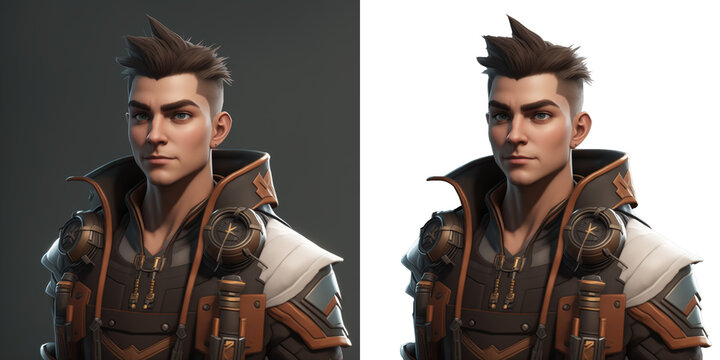 Fototapeta Cyber Gamer Character, Sci-fi Avatar: Futuristic young male game character avatar with a cyber-sci-fi vibe, perfect for gaming and futuristic projects. Isolated on solid and transparent backgrounds.