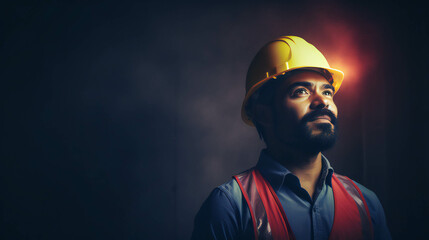 Colorful Construction worker Portrait banner with empty space on the side for text. Generative AI