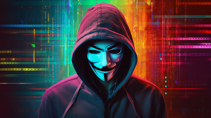 Colorful Hacker Portrait banner with empty space on the side for text. Generative AI