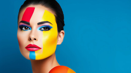 Colorful Makeup artist model Portrait banner with empty space on the side for text. Generative AI