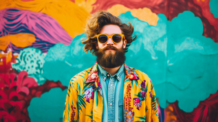 Colorful Tourist Portrait banner with empty space on the side for text. Generative AI