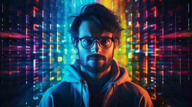 Colorful Programmer Portrait banner with empty space on the side for text. Generative AI