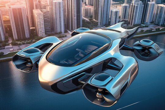 Atmospheric scene featuring a futuristic flying car soaring through the sky. Generative AI