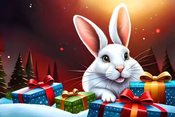 White rabbit with color gift boxes