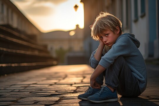 Little sad child sitting on the street of the city