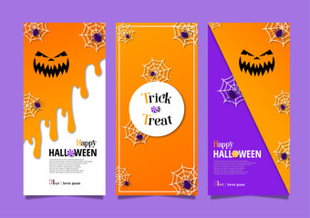 Halloween cards, banner, flyer, background. A set of colorful posters with pumpkin,spiders. Trick or treat cards. Template for congratulations.Vector illustration in a paper cut style. Place for text.