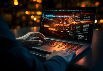 a hooded hacker engrossed in coding on his computer, surrounded by the atmospheric glow of neon lights in a dimly lit setting. (Generated with AI)