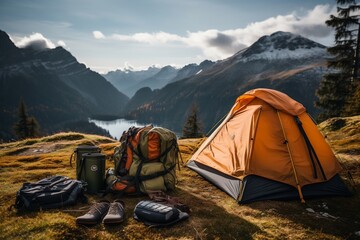 Necessary Gear for Mountain Hiking in the Wilderness: Camping Equipment & Accessories. AI - obrazy, fototapety, plakaty