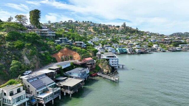 Aerial of rich houses against rocky coastline in Tiburon California