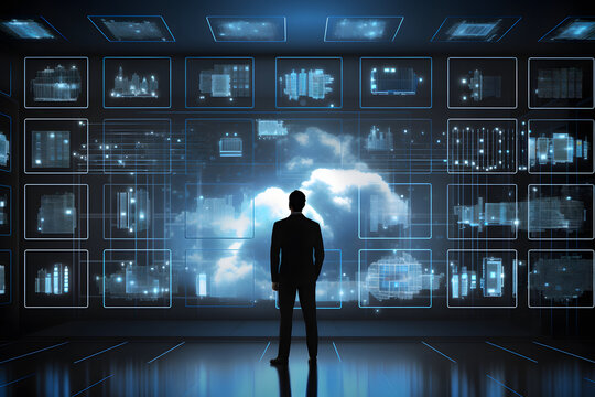 Cloud computing concept, silhouette of a businessman, data scientist in font of large screen with futuristic HUD. High quality illustration