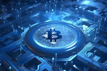 Blockchain, circuit with computer information processor, mind of a computer equipment. High quality photo