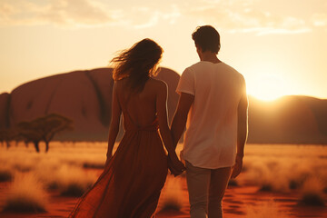 Young couple traveling and walking in Australia desert. Uluru also known as Ayers Rock sandstone formation in background. Man and woman view from behind. Sunset summer background. Generative AI