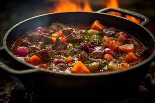 A delicious, homemade Irish stew has just finished simmering on the stove in a rustic cooking pot. Fire in the background. Generative AI