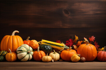 Large Collection of Different Pumpkin Varieties in Rustic Setting for Fall and Thanksgiving. High quality photo