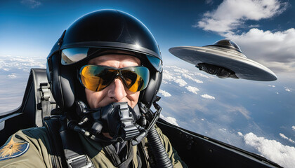 fighter jet pilot in helm and flying saucer UFO white disc UAP with black dome in background, generative AI
