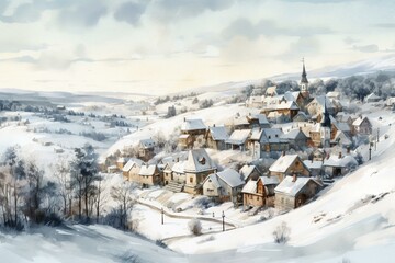 Watercolor winter scenery with charming village on a hill. Horizontal seamless pattern. Generative AI