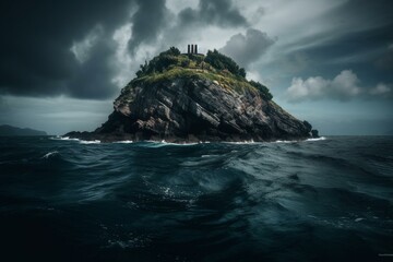 Enchanting scenery with a mysterious, shadowy island amidst the deep sea, featuring towering rocky precipices. Generative AI