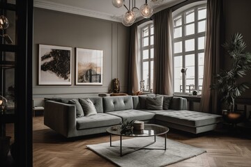 Naklejka na ściany i meble Modern living space with spacious sofa in an open apartment. Generative AI