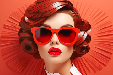 Beaut, fashion, travel, summer and vacation concept. Retro style fashion woman wearing trendy sunglasses portrait illustration. Minimalistic design in 3d paper art style. Generative AI