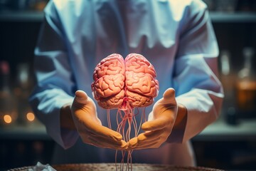 Close-Up of Doctor's Gloved Hands Holding Human Brain. AI - obrazy, fototapety, plakaty