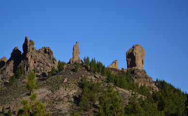 Slopes of Roque Nublo and Roque Fraile with splendid blue sky, summit of Gran Canaria, Spain