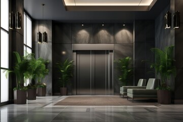 Modern Elevator Interior in an Empty Office or Hotel Hallway. AI