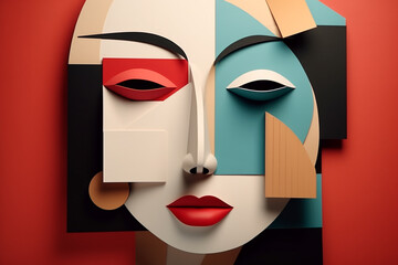 Lamas personalizadas con motivos artísticos con tu foto Beauty, fine art, fashion concept. Abstract modern art collage of woman portrait made of various and colorful geometric shapes. Generative AI