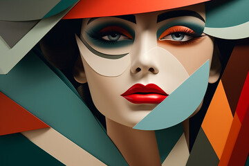 Beauty, fine art, fashion concept. Abstract modern art collage of woman portrait made of various and colorful geometric shapes. Generative AI