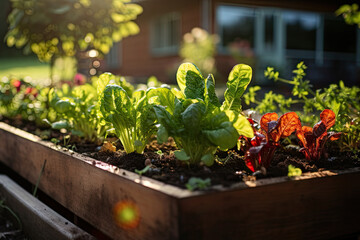 Wooden raided beds in modern garden growing plants herbs spices vegetables and flowers near a wooden house in the countryside