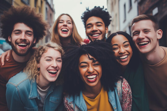 Lifestyle and friendship concept. Multi ethnic guys and girls spending time together. Happy life style friendship concept on young multicultural people having fun day together in city. Generative AI